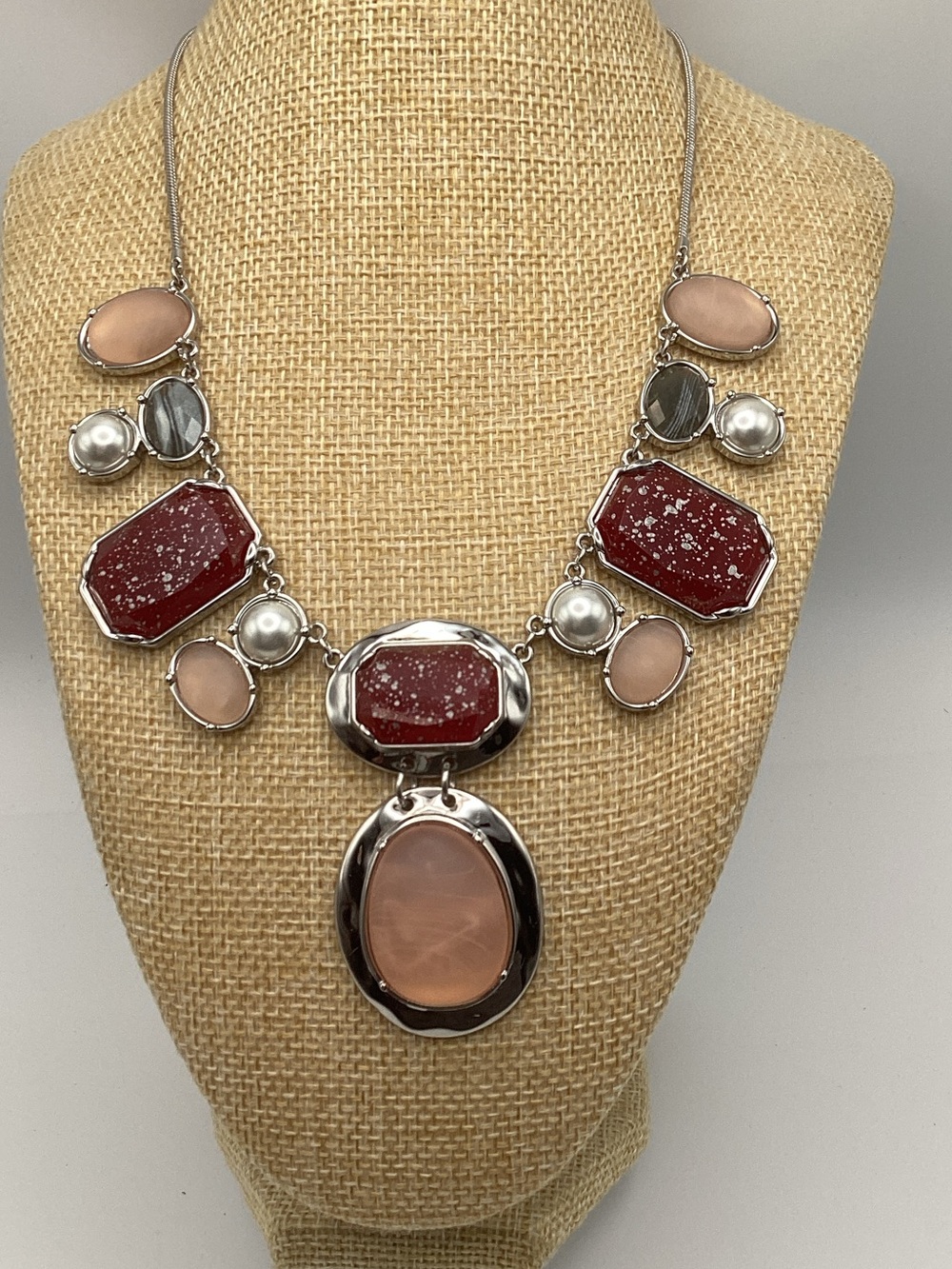 Artisan Pink Red and faux pearl Stone Statement Necklace in bright silvertone